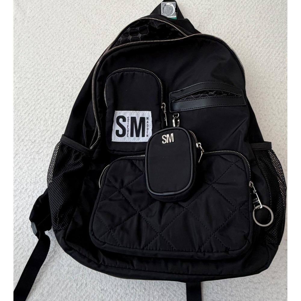 Steve Madden Black Nylon Backpack Quilted Pocket Ruched Straps with Pouch